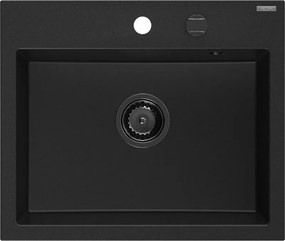 Mexen Oscar chiuvetă de granit cu 1 cameră 580 x 490 mm, neagră, sifon negru - 6519581000-77-B