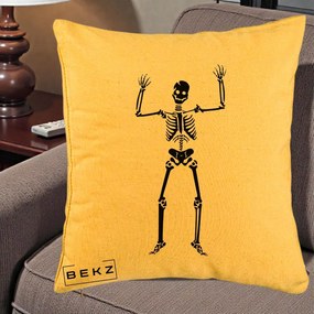 Perna Decorativa Halloween Schelet Dansator, 40x40 cm, Galben, Husa Detasabila, Perna Inclusa, BEKZ®