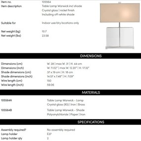 Veioza, lampa de masa, finisaj nickel, corp din sticla, H-44cm, Warwick Crystal 105564 HZ