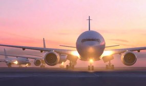 Ilustrație Airplanes taxiing on runway at sunset, Colin Anderson Productions pty ltd