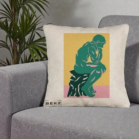 Perna Decorativa Ganditorul Sculptura Pop Art, 40x40 cm, Bej Canapea, Husa Detasabila, Perna Inclusa, BEKZ®