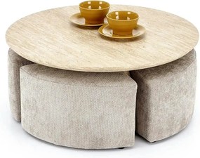 Set masuta cafea si 4 taburete NUGAT, bej cu efect de piatra travertin