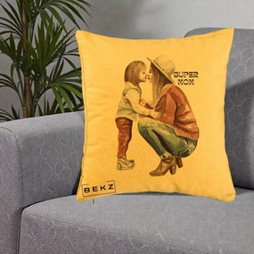 Cadou pentru Mama - Perna Personalizata Super Mom Acuarela, 40x40 cm, Galben, Husa Detasabila, Perna Inclusa, BEKZ®