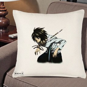Perna Personalizata Death Note L Lawliet Lanturi, 40x40 cm, Crem Reliefat, Husa Detasabila, Perna Inclusa, BEKZ®