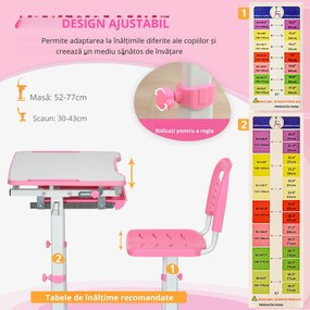 HOMCOM Set Masă și Scaun pentru Copii Reglabilă pe Înălțime, cu Blat Înclinabil 45°, 66x47x52-77 cm, Roz | Aosom Romania