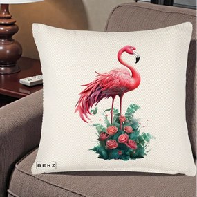 Perna Decorativa Flamingo cu Trandafiri Tropicali, 40x40 cm, Crem Reliefat, Husa Detasabila, Perna Inclusa, BEKZ®