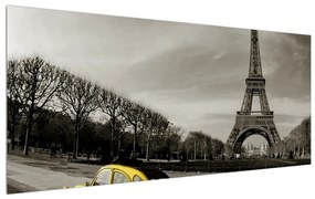 Tablou cu turnul Eiffel și mașina galbenă (120x50 cm), în 40 de alte dimensiuni noi