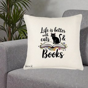 Perna Personalizata Life is Better Cats and Books, 40x40 cm, Crem Reliefat, Husa Detasabila, Perna Inclusa, BEKZ®