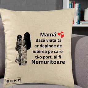 Cadou pentru Mama - Perna Personalizata Mama Nemuritoare Imbratisare, 40x40 cm, Bej, Husa Detasabila, Perna Inclusa, BEKZ®