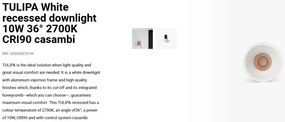 Spot LED incastrabil TULIPA White recessed downlight 10W 36° 2700K CRI90 casambi