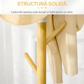 HOMCOM Cuier Vertical cu 8 Cârlige cu Bază Rotundă din Bambus, Lemn și Metal, Ø37,8x175,6 cm, Lemn Natural | Aosom Romania