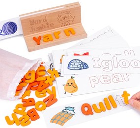 Puzzle de cuvinte, joc din lemn pentru învățarea cuvintelor cu cărți în limba engleză