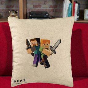 Perna Personalizata Minecraft Steve si Alex, 40x40 cm, Bej, Husa Detasabila, Perna Inclusa, BEKZ®