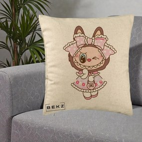 Perna Personalizata Labubu Lolita Roz cu Dantela, 40x40 cm, Bej, Husa Detasabila, Perna Inclusa, BEKZ®