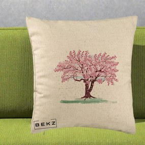 Perna Decorativa Cires Inflorit Acuarela, 40x40 cm, Bej, Husa Detasabila, Perna Inclusa, BEKZ®