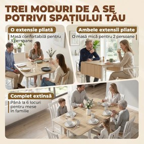 HOMCOM Masă Pliabilă pentru 2-6 Persoane, Extensibilă, Efect de Lemn, Finisaj Natural | Aosom Romania