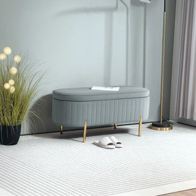 HOMCOM Bancă de Depozitare pentru Intrare Ovală 72L cu Design Scanalat, Capac Ridicabil și Șezut Capitonat, Bancă de la Capătul Patului Pouf în Catifea și Picioare de Lemn de Pin, 108x44x43.5 cm, Gri | Aosom Romania