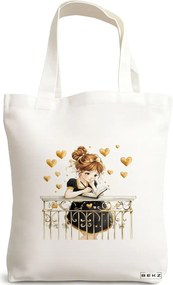 Sacosa de Panza pentru Cumparaturi, Geanta Tote, model The bookie girl 7 38 x 34.5 cm, Alba, BEKZ®