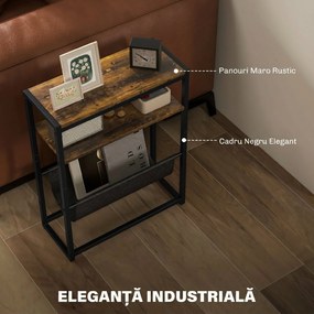 HOMCOM Măsuță De Living Îngustă cu 2 Rafturi, Suport Reviste V, PAL Oțel, 43x18x56 cm, Maro Rustic | Aosom Romania