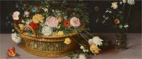 Tablou - Jan Brueghel the Elder, Flowers in a Basket and a Vase, reproducere (120x50 cm)