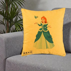 Perna Personalizata Printesa Albastra cu Pasare, 40x40 cm, Galben, Husa Detasabila, Perna Inclusa, BEKZ®