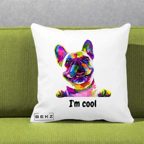 Perna Personalizata Bulldog Francez I'm Cool, 40x40 cm, Alba Mata, Husa Detasabila, Perna Inclusa, BEKZ®