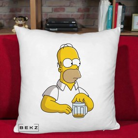 Perna Personalizata Homer Simpson cu Bere, 40x40 cm, Alb Pufos, Husa Detasabila, Perna Inclusa, BEKZ®
