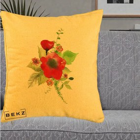 Perna Decorativa Buchet Rosu Acuarela, 40x40 cm, Galben, Husa Detasabila, Perna Inclusa, BEKZ®