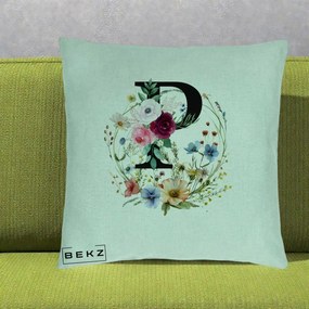 Cadou Personalizat - Perna Personalizata Monogram Litera P cu Flori Acuarela, 40x40 cm, Verde Menta, Husa Detasabila, Perna Inclusa, BEKZ®