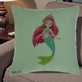 Perna Decorativa Sirena Roz cu Coroana, 40x40 cm, Verde, Husa Detasabila, Perna Inclusa, BEKZ®