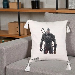 Perna Personalizata The Witcher Geralt of Rivia Portret, 40x40 cm, Bej cu Franjuri, Husa Detasabila, Perna Inclusa, BEKZ®