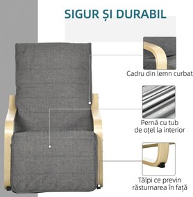 HOMCOM Fotoliu Relax cu Suport picioare pe 5 Niveluri si Tetiera, Fotoliu Ergonomic din Lemn de Mesteacan si Tesut, Gri