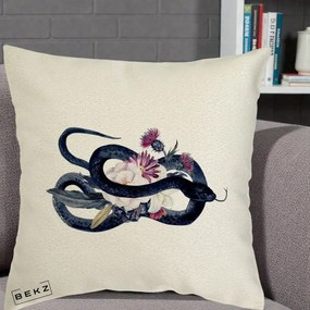 Perna Decorativa Sarpe Negru cu Flori Gothic, 40x40 cm, Ecru, Husa Detasabila, Perna Inclusa, BEKZ®