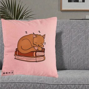 Perna Decorativa Pisica Adormita pe Carti, 40x40 cm, Roz, Husa Detasabila, Perna Inclusa, BEKZ®