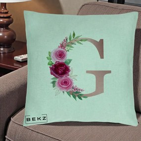 Cadou Personalizat - Perna Personalizata Monograma Rose Gold Litera G, 40x40 cm, Verde Menta, Husa Detasabila, Perna Inclusa, BEKZ®