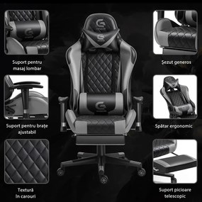RESIGILAT- Scaun gaming cu masaj în perna lombară, sezut benzi elastice sustinere, suport picioare, funcție sezlong, SIG 5020, Negru/Gri