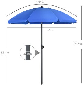 Outsunny Umbrelă de Soare pentru Plajă cu Tetieră care se Înclină la 45° și Design în 2 Secțiuni, Ø180x209 cm, Albastru | Aosom Romania