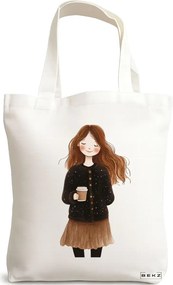 Sacosa de Panza pentru Cumparaturi, Geanta Tote, model The coffee girl 2 38 x 34.5 cm, Alba, BEKZ®