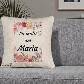 Cadou de Onomastica - Perna Personalizata La Multi Ani Maria Flori Acuarela, 40x40 cm, Bej Canapea, Husa Detasabila, Perna Inclusa, BEKZ®