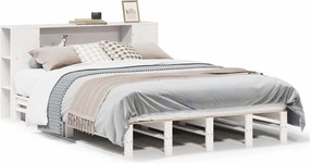 vidaXL Pat cu bibliotecă fără saltea, alb, 135x190 cm, lemn masiv