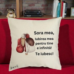 Cadou pentru Sora - Perna Personalizata Sora Mea Te Iubesc Doua Fete Iarna Acuarela, 40x40 cm, Ecru, Husa Detasabila, Perna Inclusa, BEKZ®
