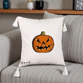 Perna Decorativa Halloween Dovleac Portocaliu Clasic, 40x40 cm, Bej cu Franjuri, Husa Detasabila, Perna Inclusa, BEKZ®