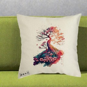 Perna Decorativa Copac Sakura Acuarela Fantasy, 40x40 cm, Ecru, Husa Detasabila, Perna Inclusa, BEKZ®