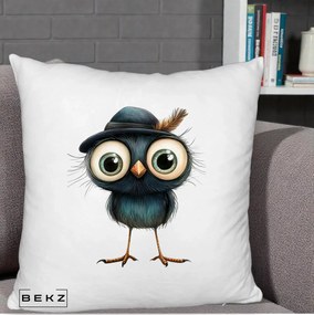 Perna Decorativa Pui Misterios cu Palarie Neagra, 40x40 cm, Alb Pufos, Husa Detasabila, Perna Inclusa, BEKZ®