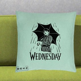 Perna Personalizata Wednesday cu Umbrela Ploaie Lineart, 40x40 cm, Verde Menta, Husa Detasabila, Perna Inclusa, BEKZ®