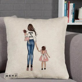 Cadou pentru Mama - Perna Personalizata Mom of Girls Mama cu Fetele, 40x40 cm, Bej Canapea, Husa Detasabila, Perna Inclusa, BEKZ®