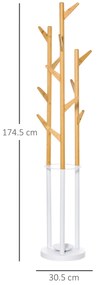 Cuier de podea pentru haine cu suport pentru umbrele si 13 carlige HOMCOM, metal si bambus, dimensiuni 30.5x30.5x174.5cm, lemn si alb | Aosom RO