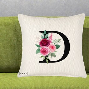 Cadou Personalizat - Perna Personalizata Monograma Florala Litera D, 40x40 cm, Crem Reliefat, Husa Detasabila, Perna Inclusa, BEKZ®