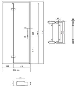 Usa sticla dus batanta 80x195 cm profil negru Cersanit Larga, montare stanga 800x1950 mm, Stanga, Negru mat