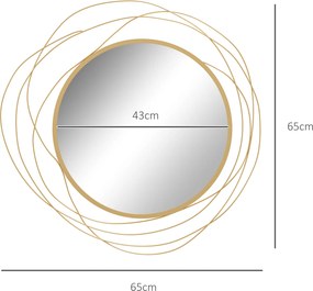 HOMCOM Decor Oglindă de Perete, Artă Metalică de Perete, Oglindă Rotundă pentru Living, Dormitor, Sufragerie, 65x65x1 cm, Auriu | Aosom Romania